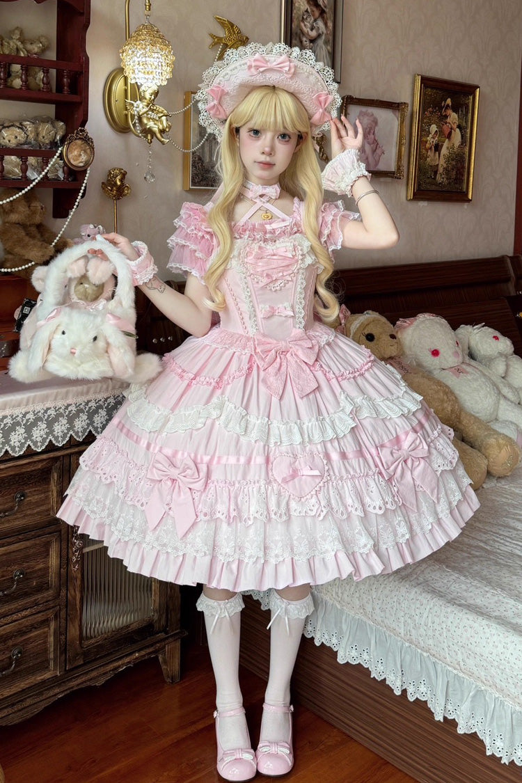 Pink Super Cute Belia Sleeveless Triple-Layered Ruffle Bowknot Lace Sweet Elegant Lolita Jsk Dress