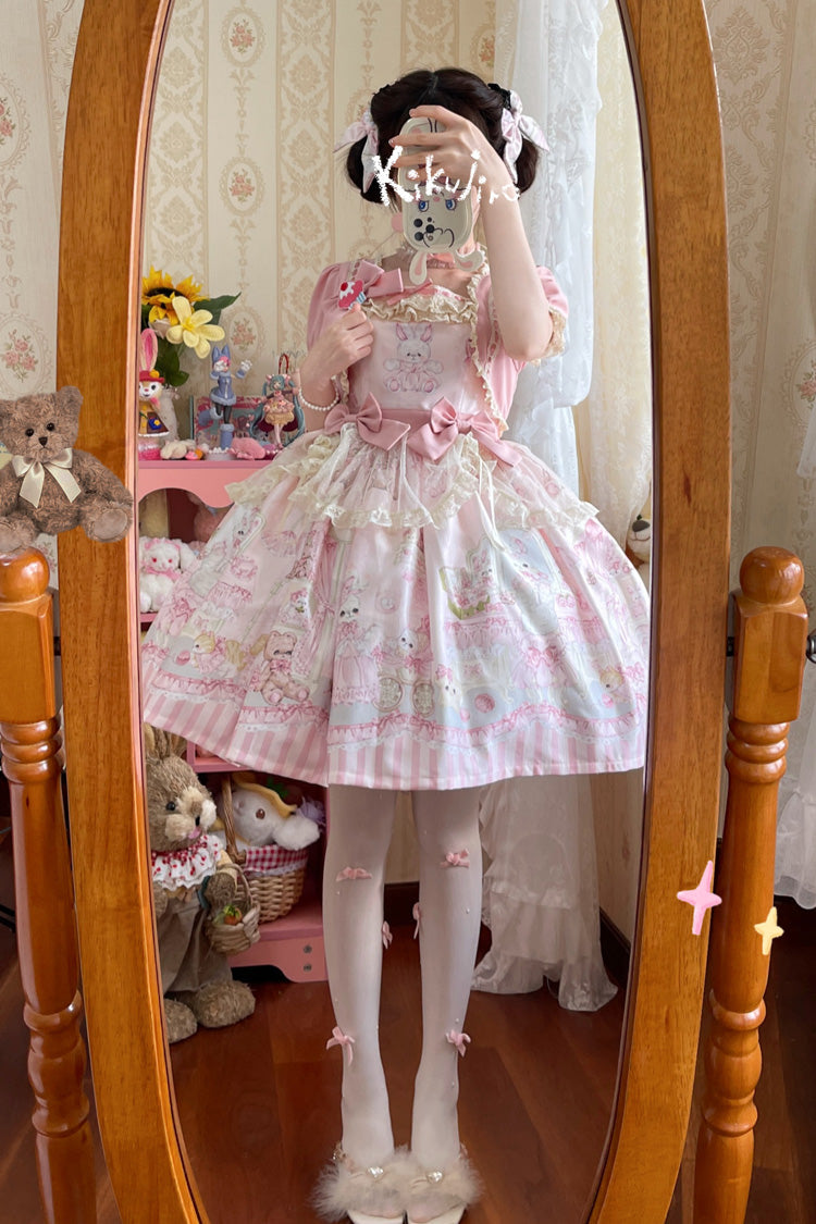 Rabbit Bear Wardrobe Print Ruffle Bowknot Sweet Lolita Dress 3 Colors