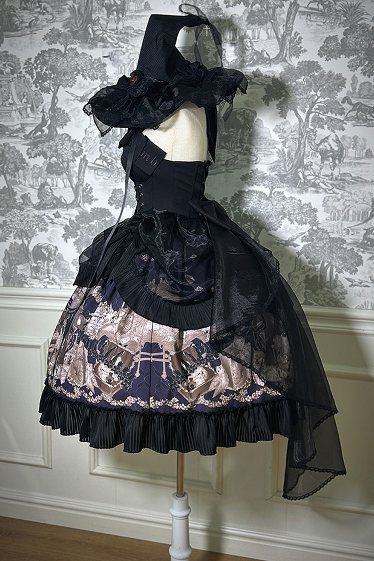 Black The Mystery of The Doll Halterneck Print Ruffle Bowknot Drawstring Gothic Lolita Dress