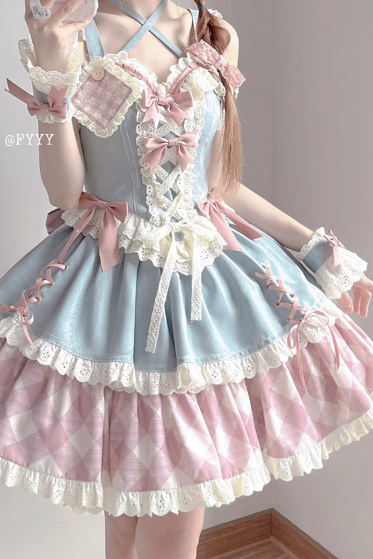 Blue/Pink Sweetheart Cowboy Plaid Print Ruffle Bowknot Sweet Lolita Skirt Set
