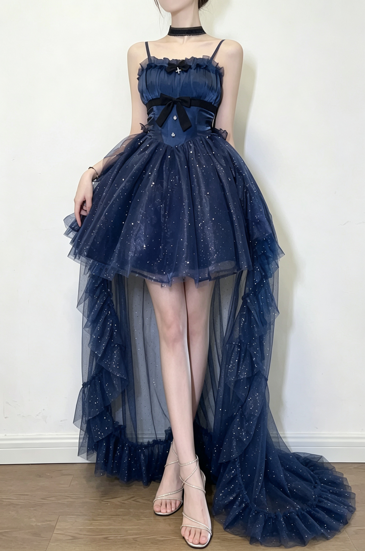 Blue Shining Bowknot Irregular Sweet Princess Gorgeous Lolita Jsk Dress (Include Train)