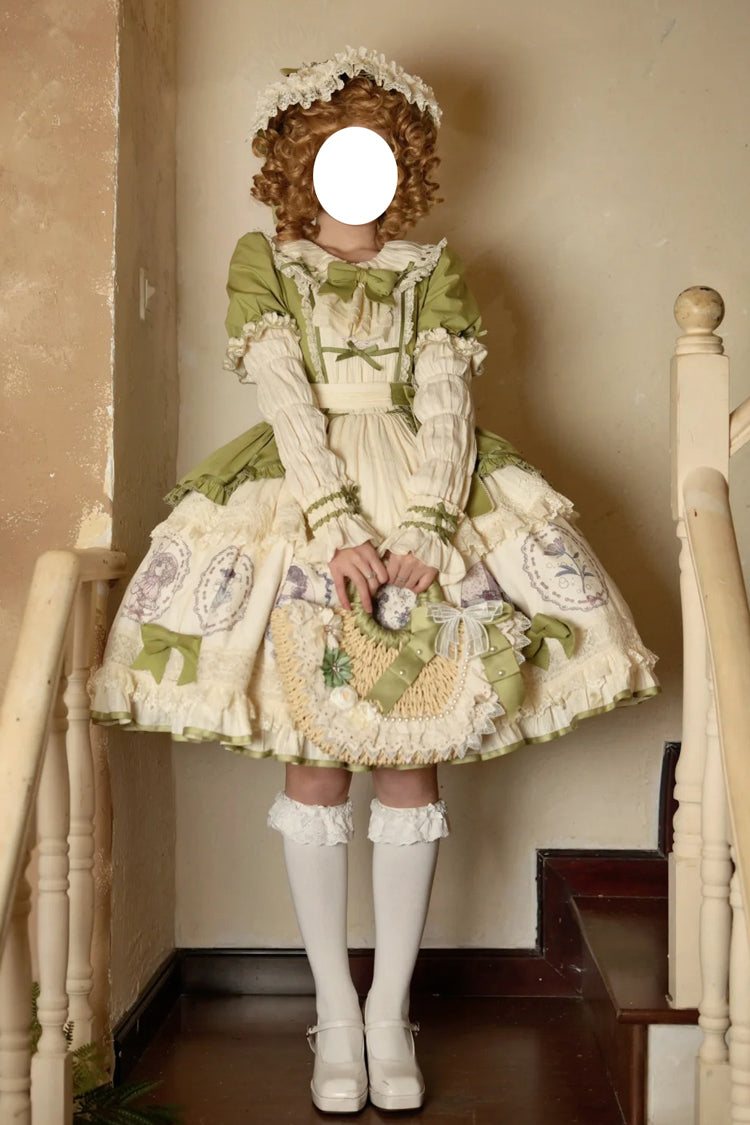 Green Little Ida's Flowers Short Sleeves Print Ruffle Bowknot Sweet Lolita Dress