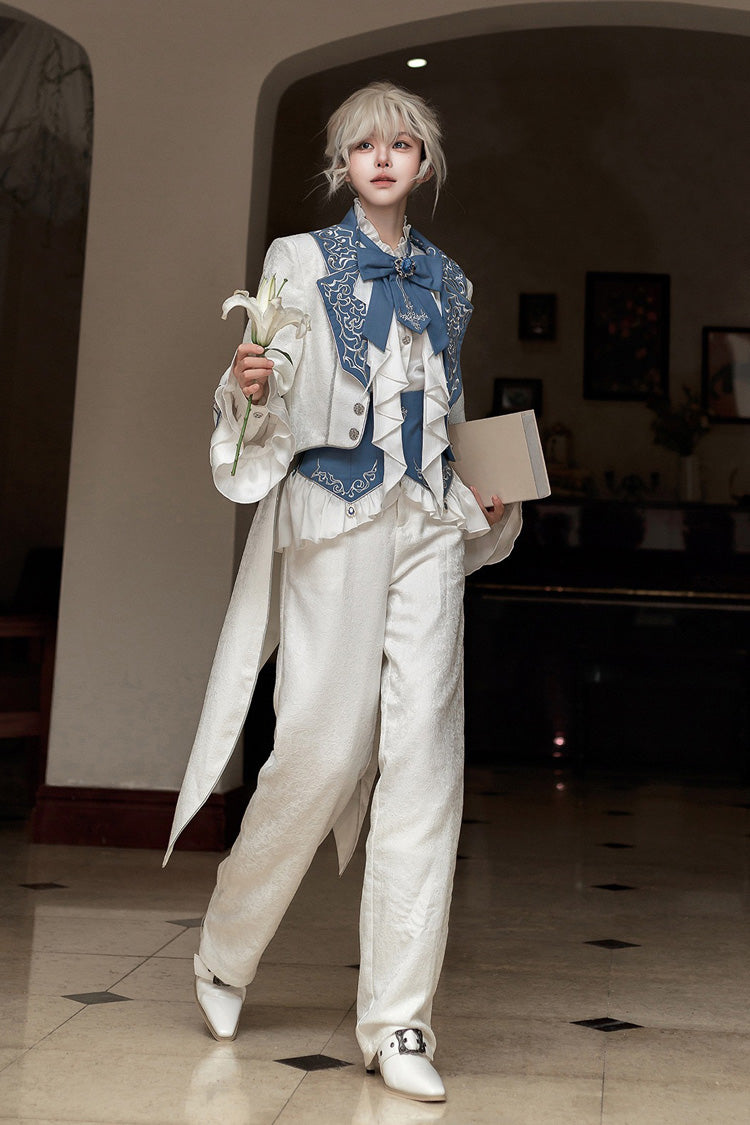 White Moonlit Paladin Prince Ruffle Embroidery Bowknot Classic Prince Handsome Ouji Lolita Set