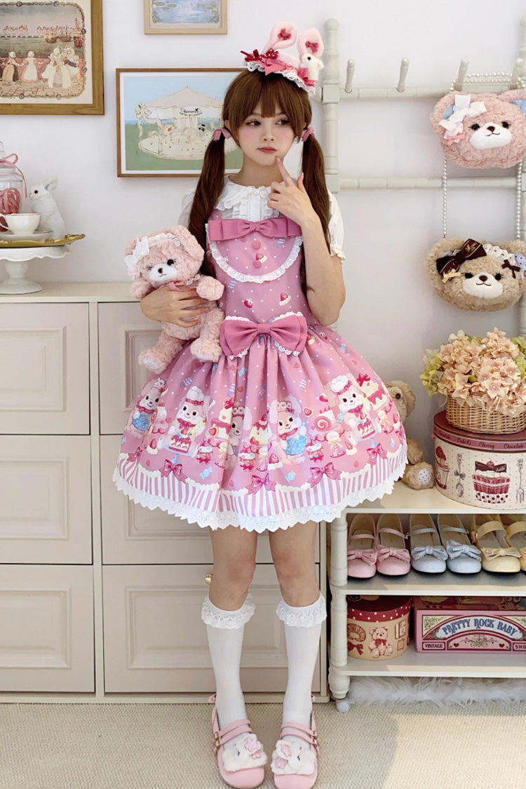 Pink Cupid Bunny Printed Sleeveless Bow Sweet Princess Lolita Strap Dress