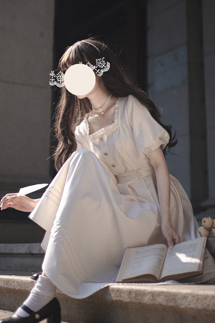 Apricot Random Thoughts Square Collar Short Sleeves Ruffle Classic Vintage Elegant Lolita Dress