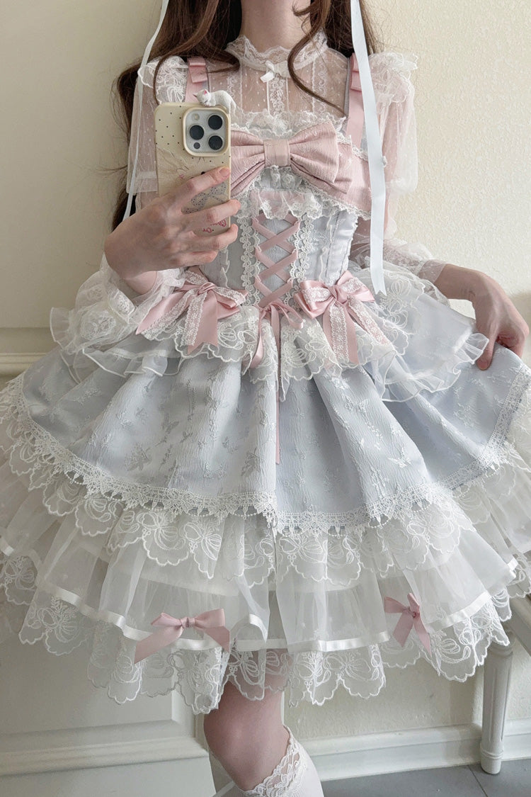 Blue Fleishi Island Sleeveless Ruffle Bowknot Lace Slim Sweet Ballet Lolita Jsk Dress