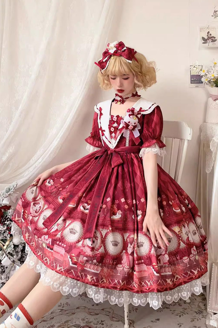 Red Afternoon Fantasia Print Ruffle Bowknot Sweet Lolita Jsk Dress