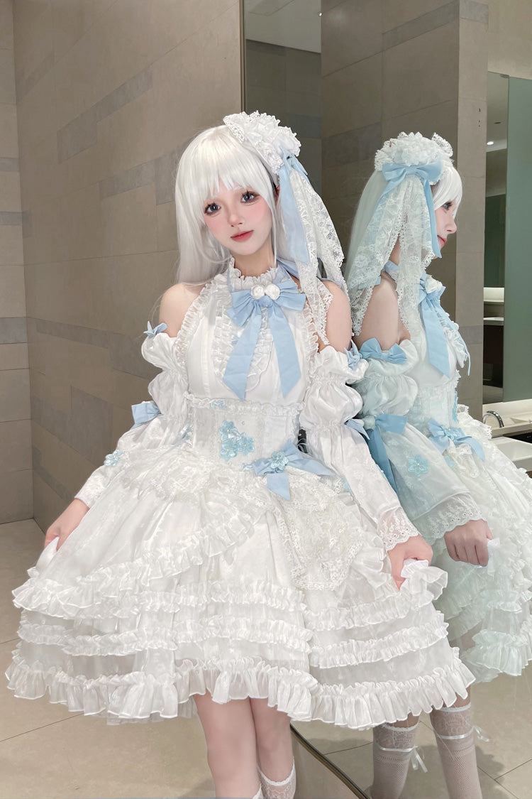 White Detachable Long Trumpet Sleeves Triple-Layered Ruffle Hanayome Bowknot Lace Sweet Lolita Dress
