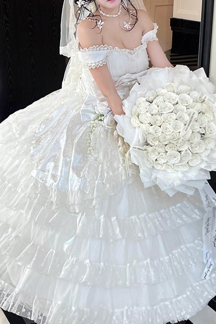 White Maiden Lace Off Shoulder Triple-Layered Ruffle Hanayome Bowknot Lace Sweet Lolita Jsk Dress
