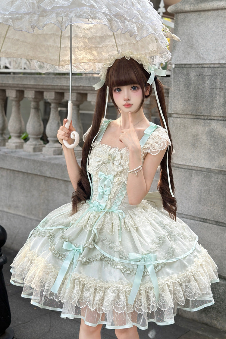 Light Green Dreaming Butterfly Multi-Layered Jacquard Ruffle Bowknot Lace Sweet Princess Lolita Jsk Dress