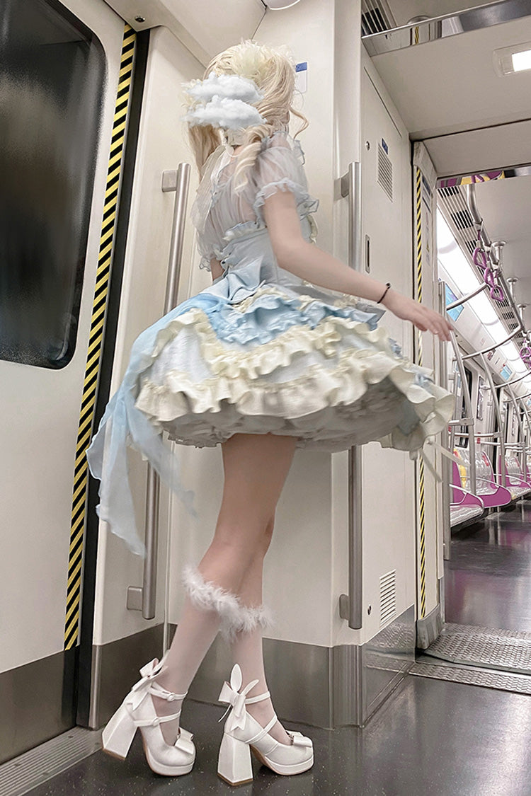Blue Heart of Butterfly Halterneck Sleeveless Multi-Layered Ruffle Embroidery Princess Ballet Lolita Jsk Dress Set