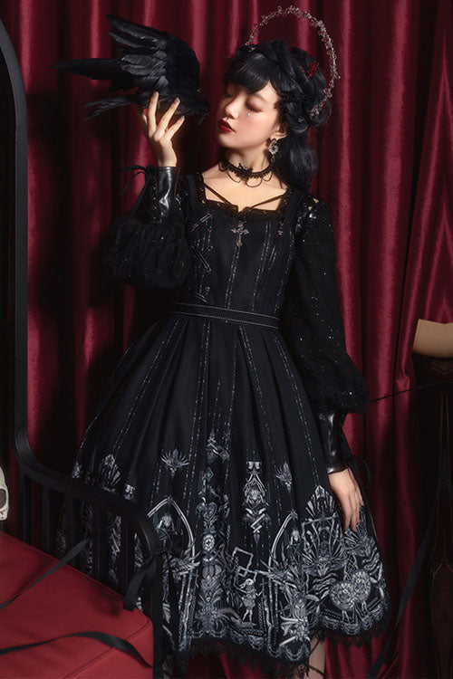 Dark Black Eye Of Red Heart Print Square Collar Cross High Waisted Gothic Lolita Jsk Dress