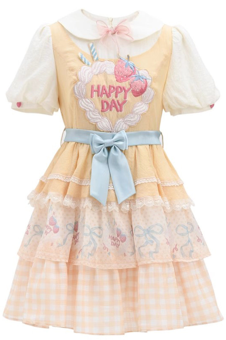 Yellow Happy Day Short Sleeves Triple-Layered Print Bowknot Lace Sweet Princess Lolita Dress