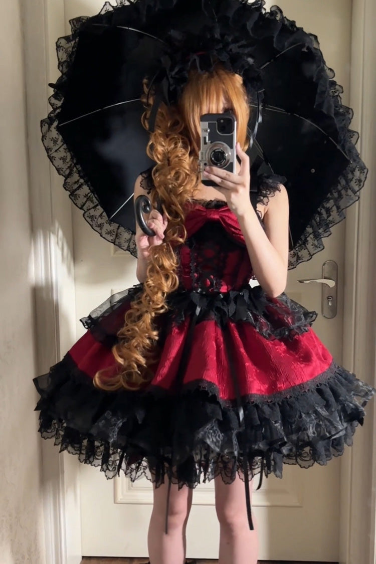 Red Fleishi Island Sleeveless Ruffle Bowknot Lace Slim Sweet Ballet Lolita Jsk Dress
