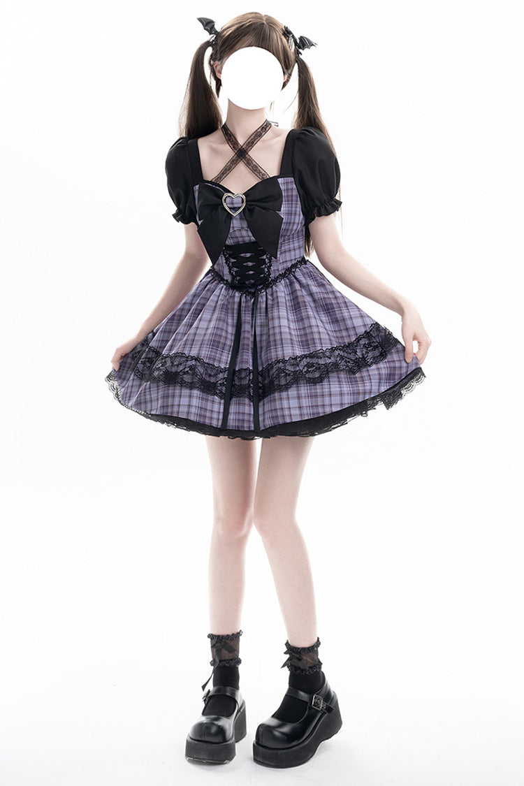 Purple Witch Time Short Puff Sleeves Plaid Print Bowknot Lace Sweet Lolita Dress