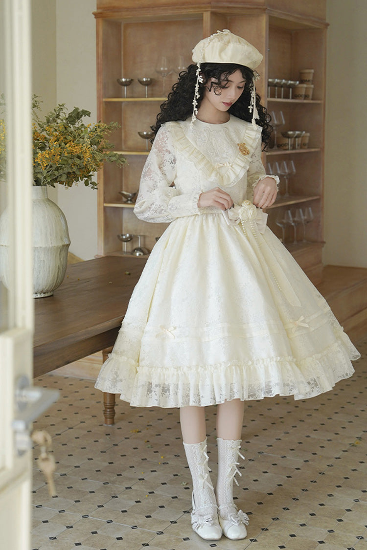 Ivory Flower Sound Long Sleeves Ruffle Cardigan Bowknot Lace Sweet Lolita Dress