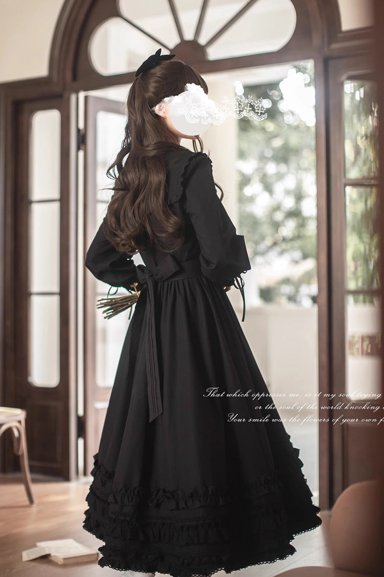Black Wind Kissed Tulips Long Sleeves Ruffle Embroidery Bowknot Gothic Vintage Elegant Lolita Dress