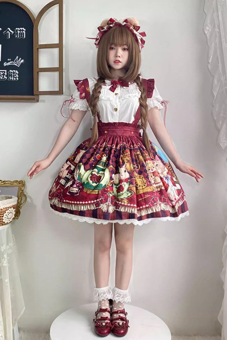 Red Rabbit and Bear Feast Print Ruffle Bowknot Sweet Lolita Skirt