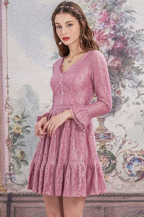 Pink Lace V Collar Pleated Trumpet Sleeves High Waisted Sweet Lolita OP Dress