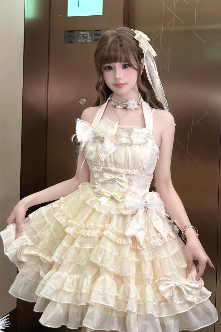 Apricot Swan Overture Halterneck Sleeveless Multi-Layered Ruffle Bowknot Lace Sweet Lolita Dress
