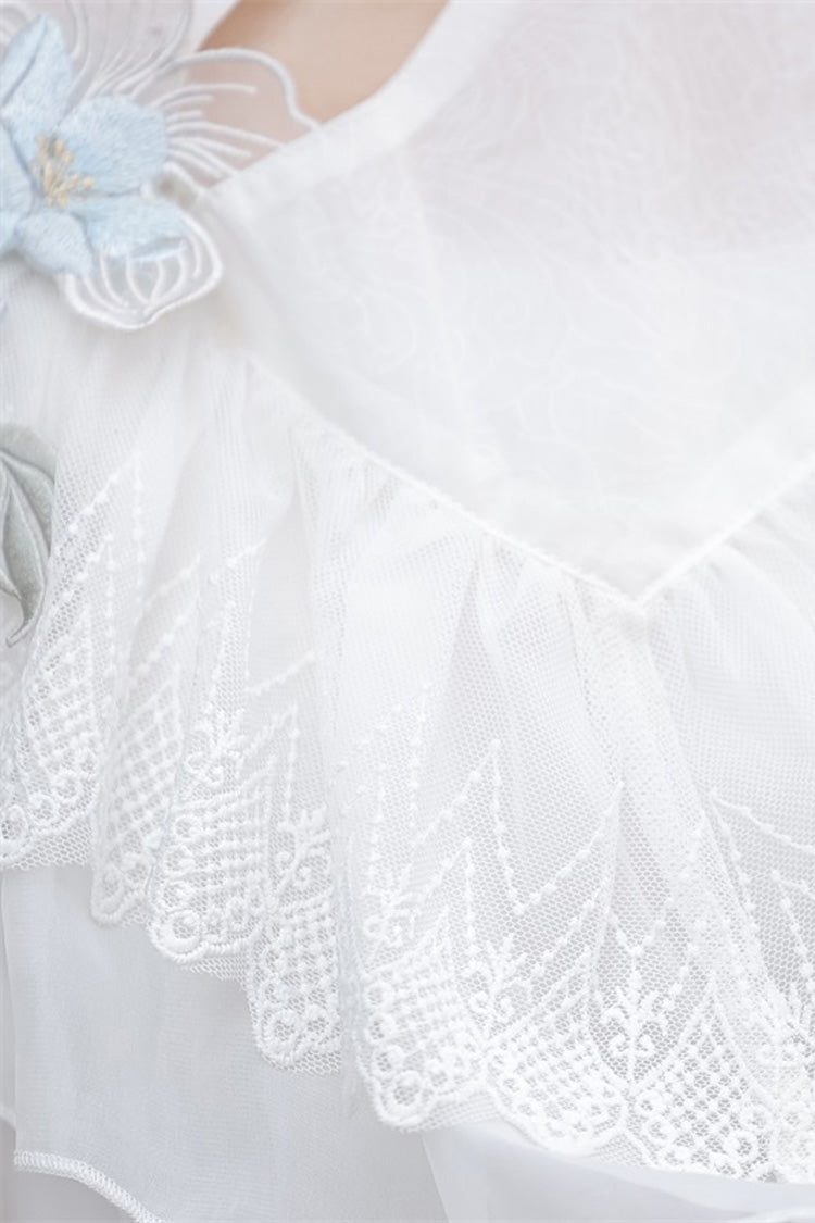 White Hydrangea Message Short Sleeves Print Ruffle Lace Sweet Chinese Style Elegant Lolita Short Dress