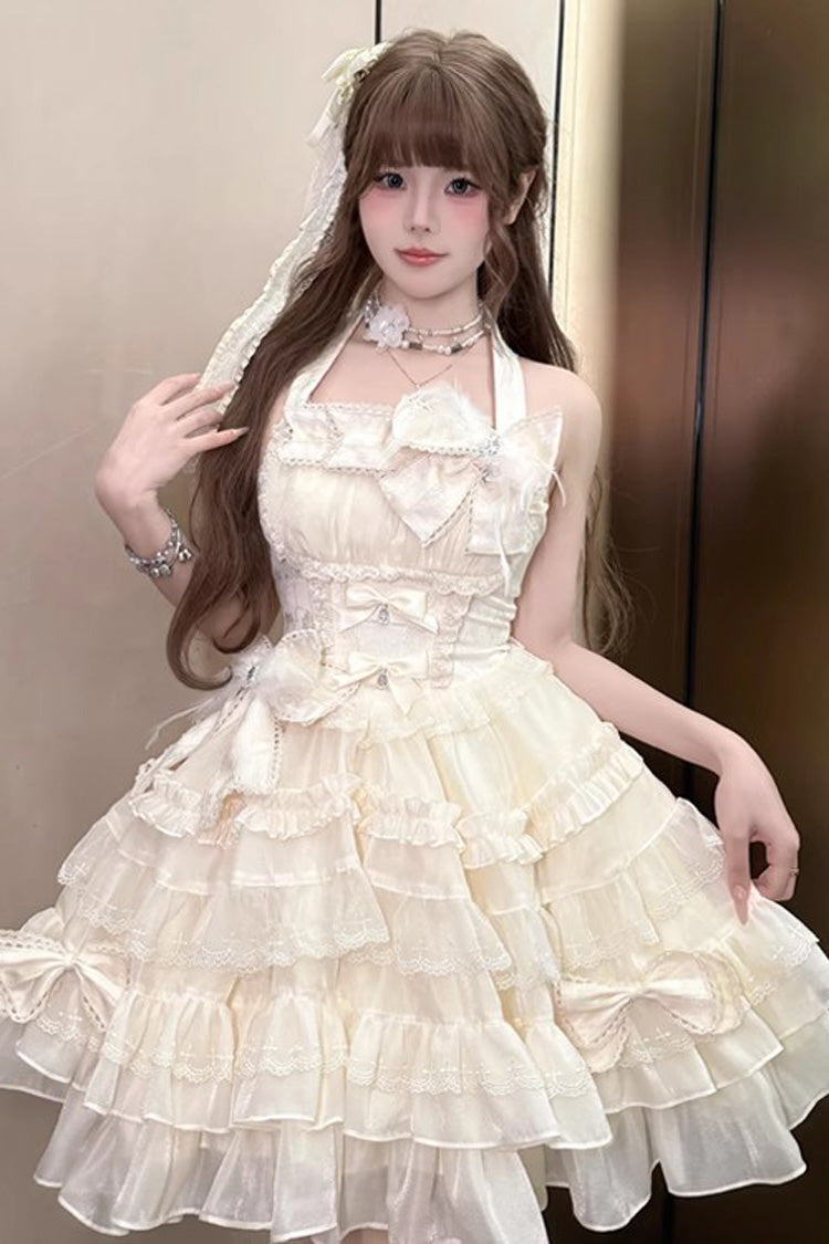 Apricot Swan Overture Halterneck Sleeveless Multi-Layered Ruffle Bowknot Lace Sweet Lolita Dress