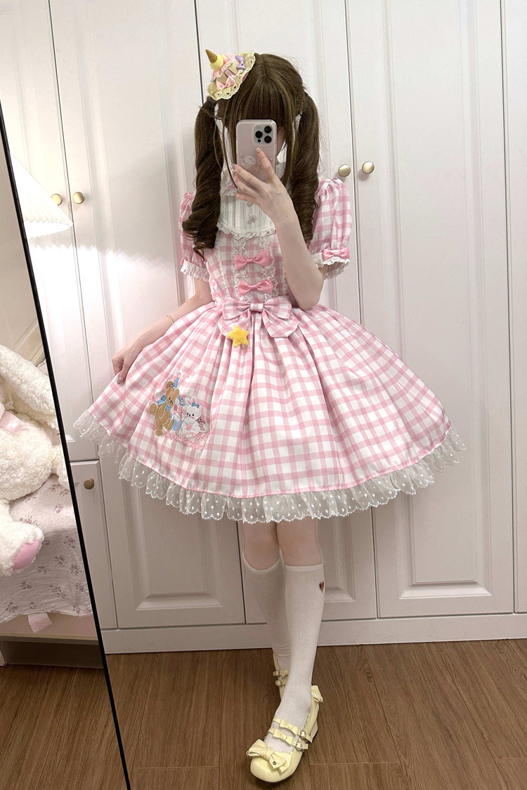 Pink Rabbit & Bear Plaid Print Short Sleeves Ruffle Embroidery Bowknot Lace Sweet Lolita Dress