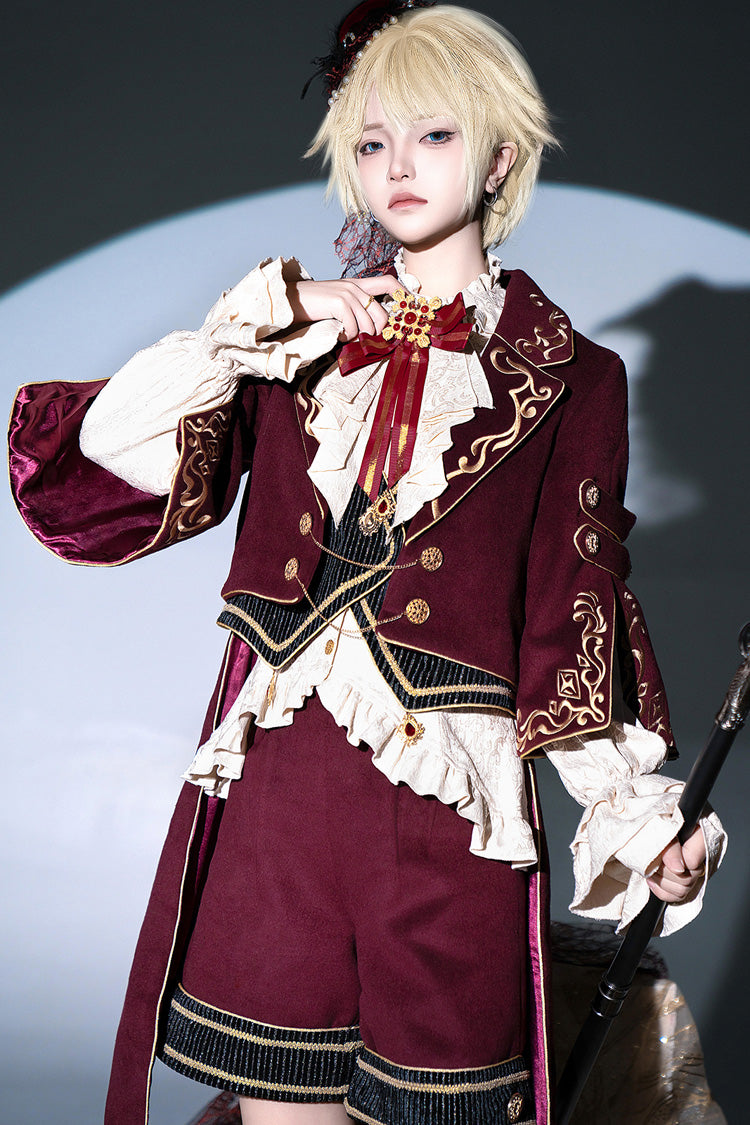 Red Royal Heir Embroidery Classic Military Gorgeous Handsome Ouji Lolita Coat Blouse Shorts Set