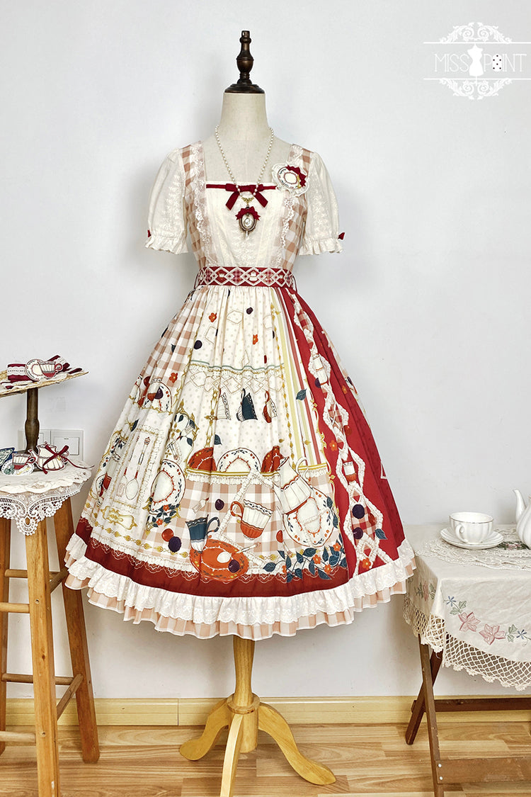 Red Tea Party Short Sleeves Print Ruffle Bowknot Lace Sweet Elegant Lolita Dress