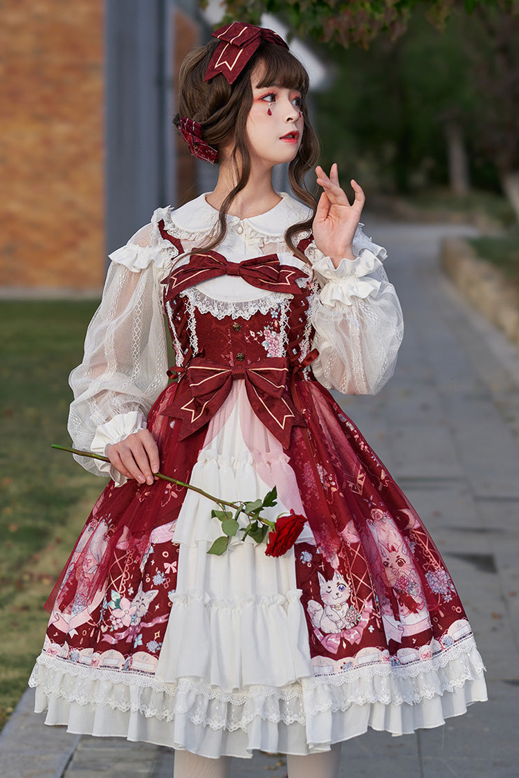 Raccoon Hydrangea Print Stitching Bowknot Ruffled Hanayome Tiered Sweet Lolita JSK Dress