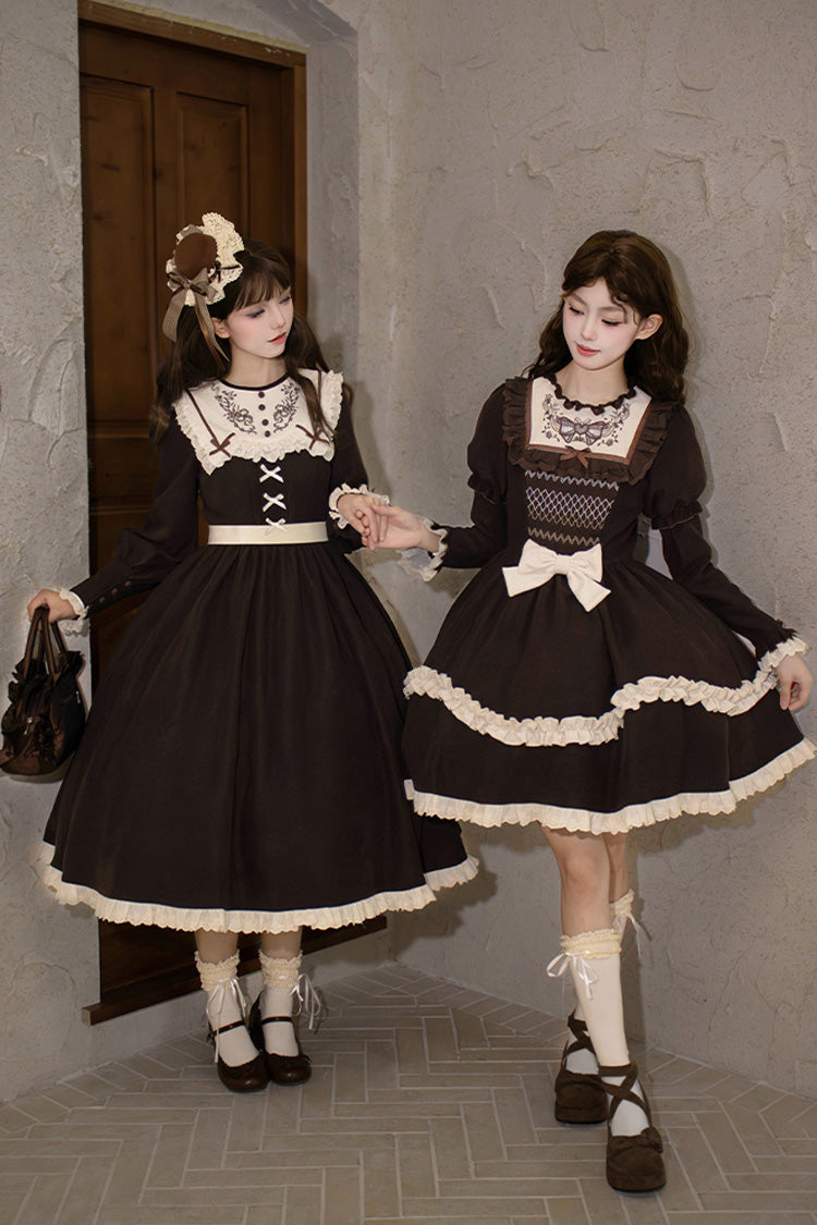 Brown Miss Brown Long Sleeves Ruffle Bouquet Embroidery Sweet Lolita Dress (Long Version)