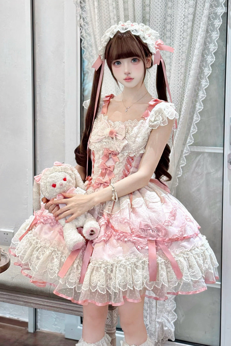 Pink Dreaming Butterfly Multi-Layered Jacquard Ruffle Bowknot Lace Sweet Princess Lolita Jsk Dress