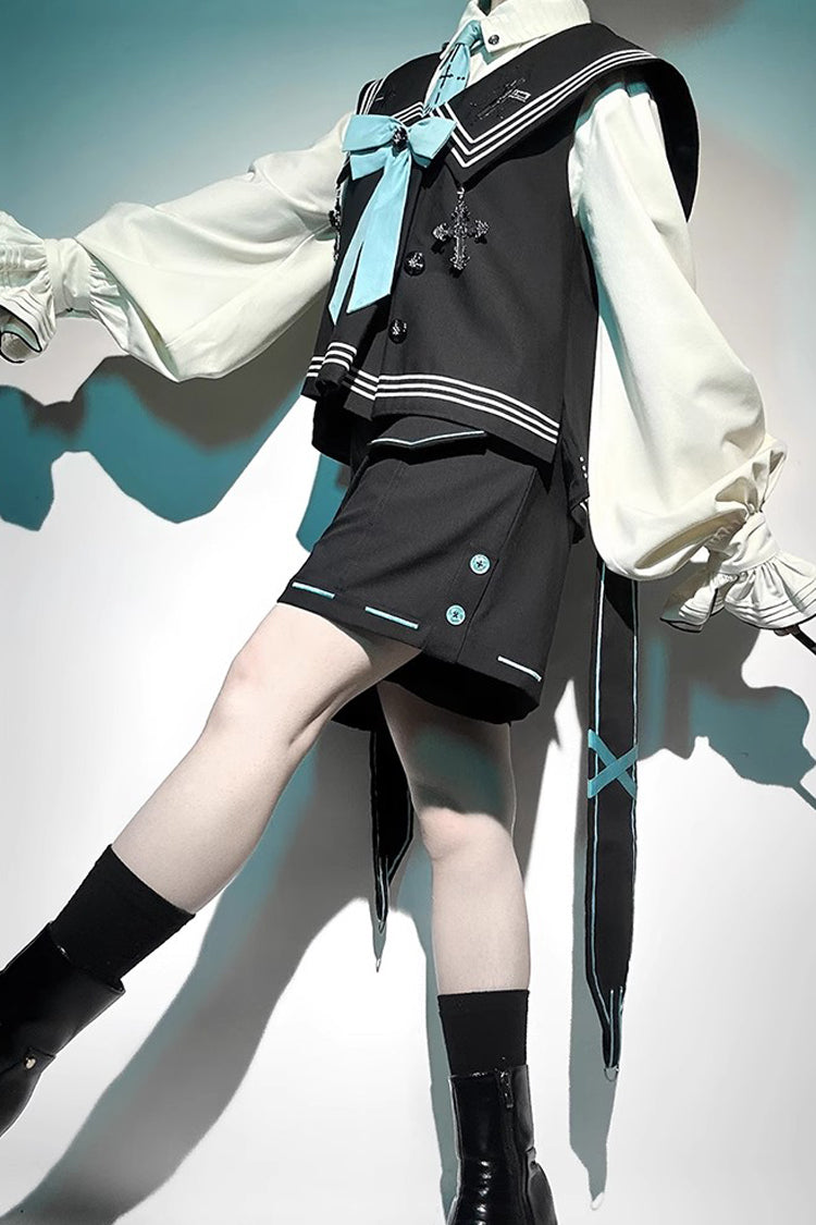 Dark Blue Magician Long Sleeves Ouji Prince Mechanical Style Lolita Shorts Vest Set