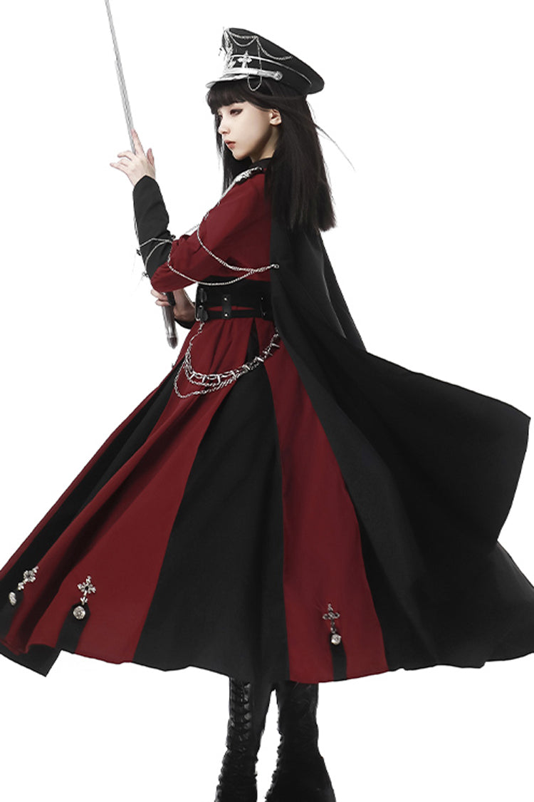 Red/Black Scarlet Night Knight Metal Chain Print Bowknot Gothic Military Elegant Lolita Dress
