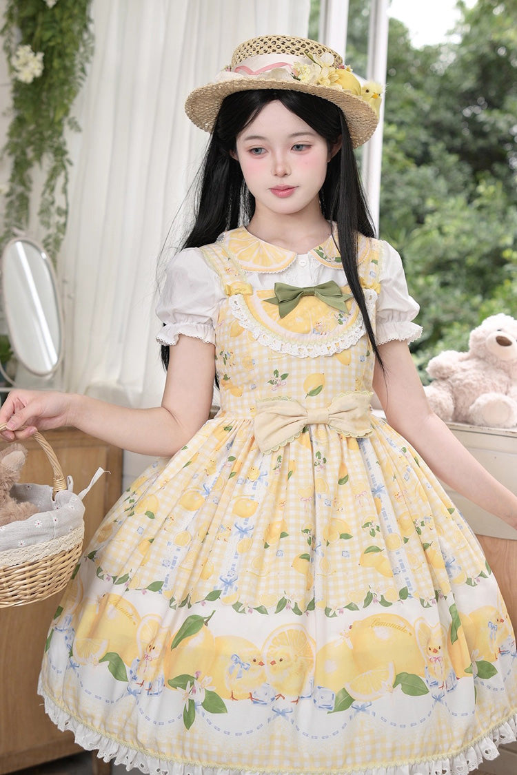 Yellow Lemon Chicken Print Ruffle Bowknot Lace Sweet Lolita Jsk Dress