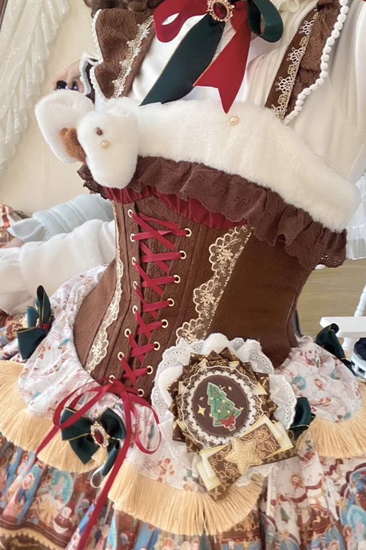 Brown Candy House Multi-Layered Print Ruffle Bowknot Lace-Up Sweet Ballet Lolita Jsk Dress