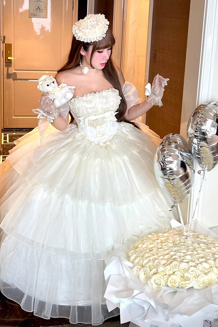 Beige Mousse Serenade Triple-Layered Ruffled Hanayome Bow Lace Sweet Princess Lolita Strapless Dress