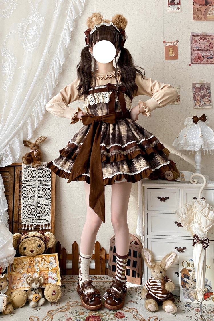 Brown Sleeveless Double-Layered Plaid Print Ruffle Bowknot Lace Sweet Lolita Jsk Dress