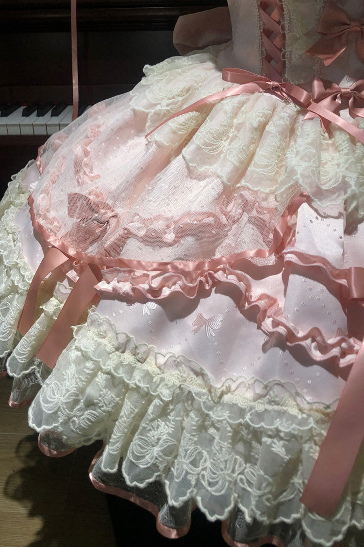 Pink Dreaming Butterfly Multi-Layered Jacquard Ruffle Bowknot Lace Sweet Princess Lolita Jsk Dress