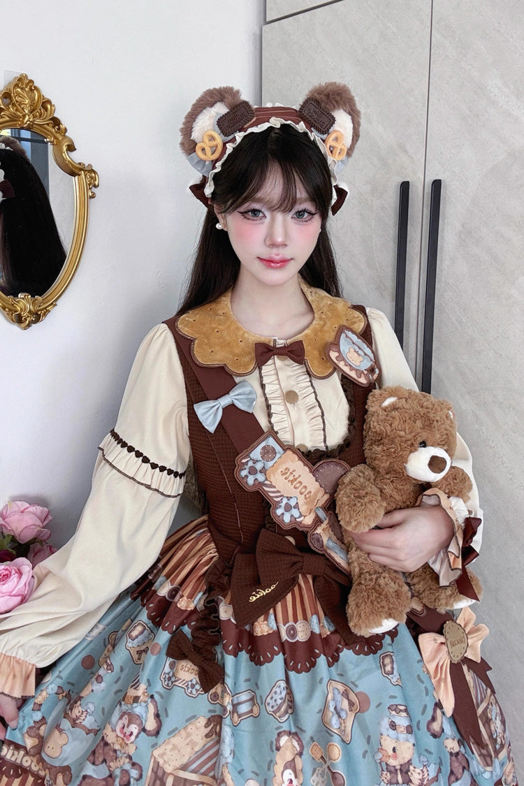 Bear Cookies Print Ruffle Bowknot Sweet Lolita JSK Dress 2 Colors