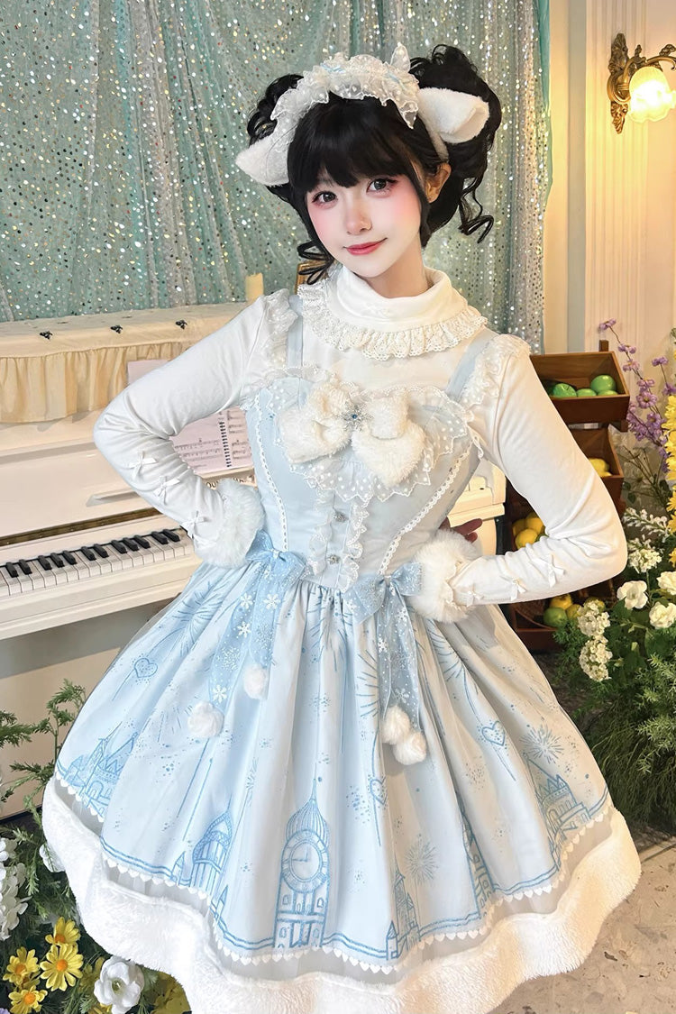 Blue Snow Castle Sleeveless Printed Embroidered Bow Lace Sweet Lolita Jsk Dress