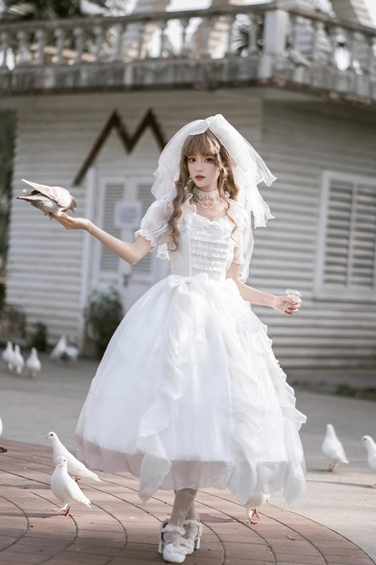 White Ode to Floating Lights Fantasy Fairy Short Sleeves Ruffle Sweet Elegant Lolita Dress