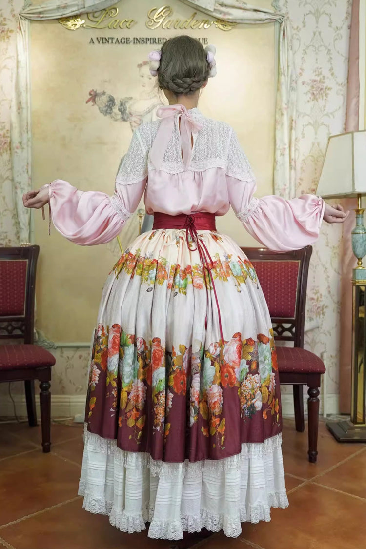 Red Rainy Season Garden Print Ruffle Sweet Classic Lolita Skirt