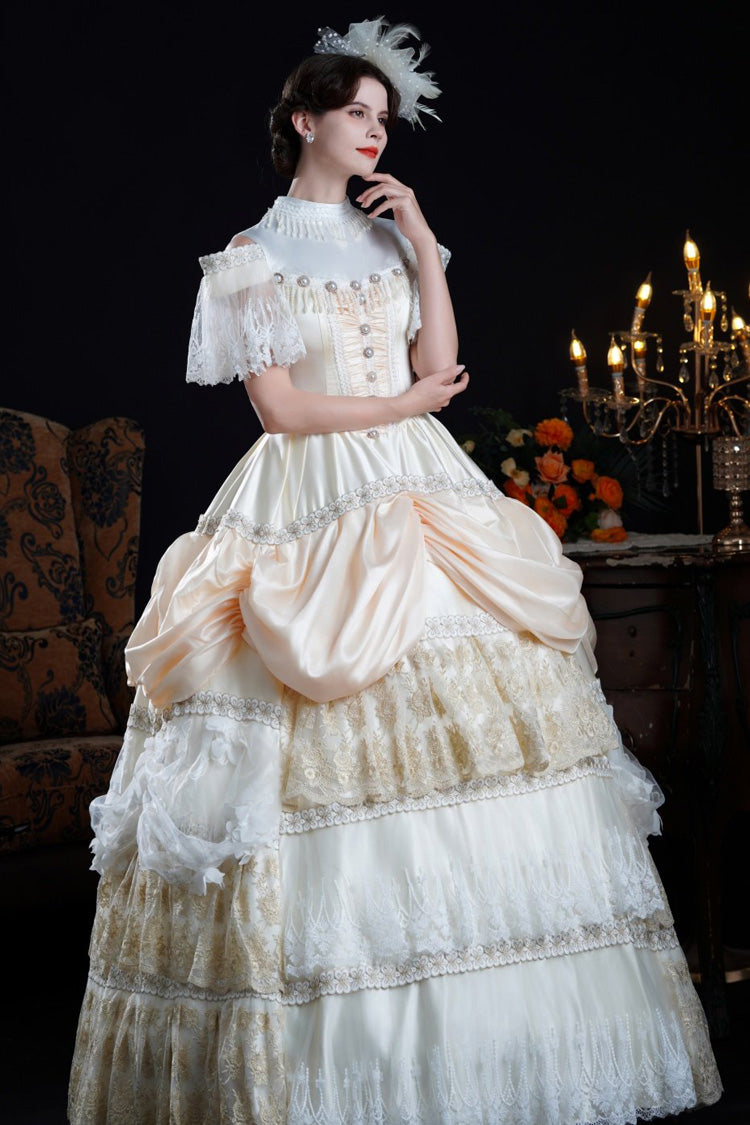 Champagne Stand Collar Multi-Layered Ruffled Lace Classic Vintage Palace Victorian Lolita Dress