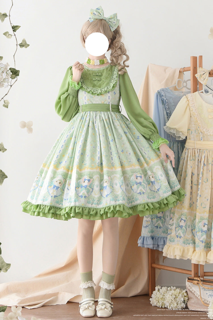Green Lily of the Valley Cat Print Ruffle Embroidery Bowknot Sweet Lolita Dress