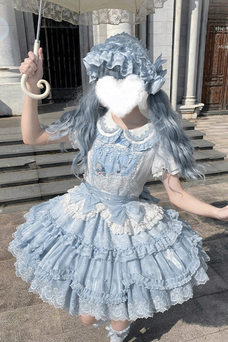 Blue Whale Lapel Collar Short Sleeves Triple-Layered Ruffle Embroidery Sweet Lolita Dress