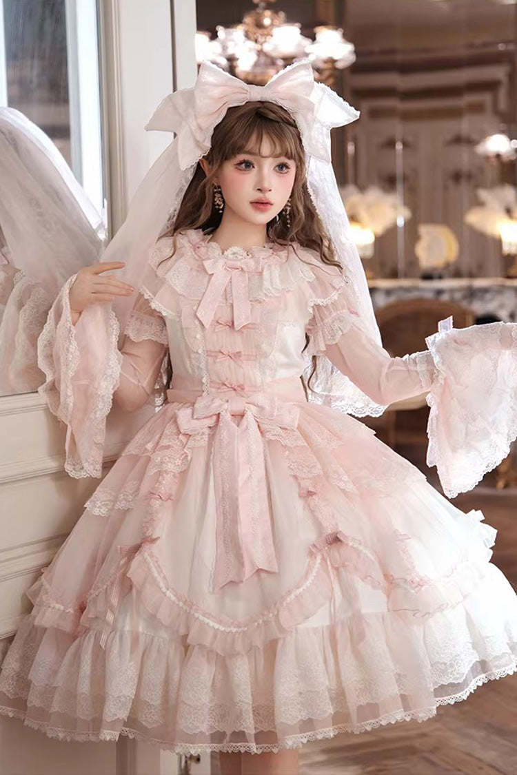 Pink Candy Flavor Round Collar Short Sleeves Ruffled Bow Lace Sweet Gorgeous Lolita OP Dress
