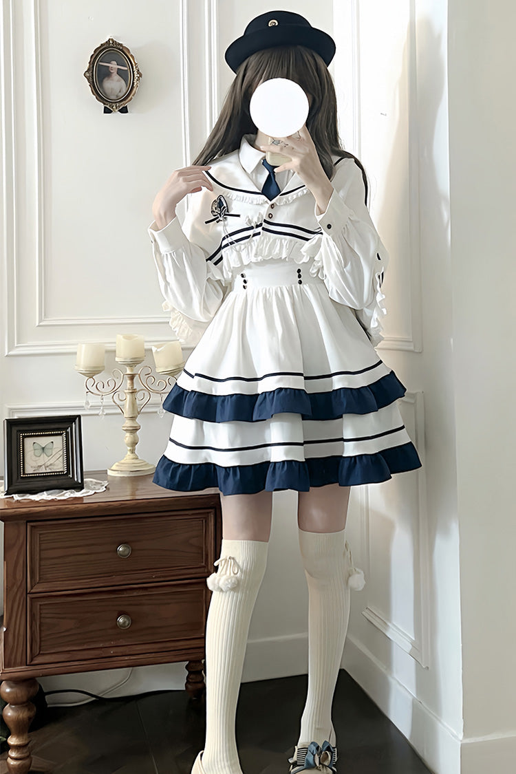 White Long Sleeves Double-Layered Ruffle Sweet College Style Lolita Dress