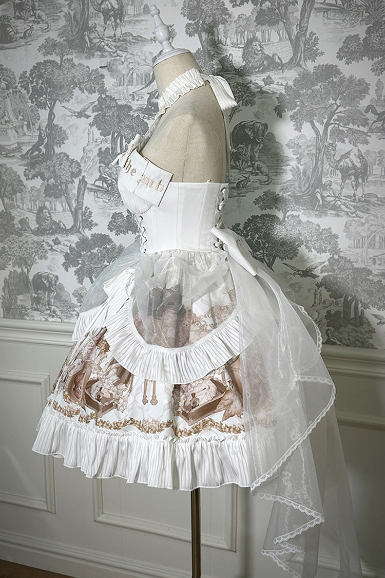 White The Mystery of The Doll Halterneck Print Ruffle Bowknot Drawstring Gothic Lolita Dress