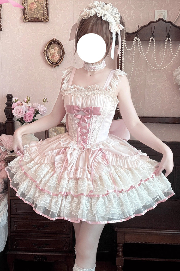 Pink Bale Bebe Sleeveless Triple-Layered Ruffled Bow Lace-Up Sweet Ballet Lolita Dress